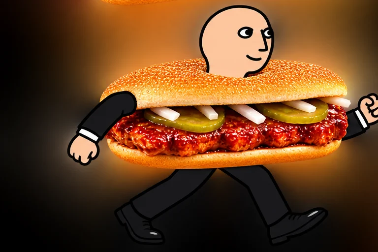 Stonks guy wearing a McRib and walking